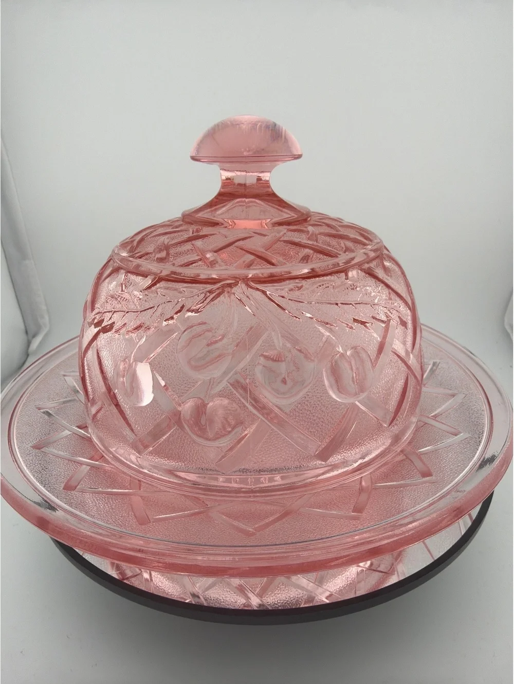 Vtg Mosser pink glass cherry lattice butter dome
